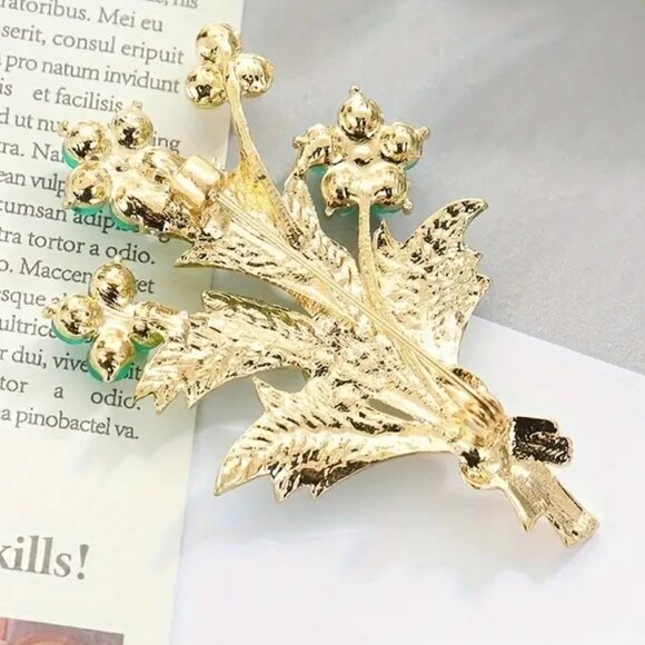 Flower Brooch Pearl Gold Pin Stylish Bouquet Green Stones Elegant Leaves Trendy - Picture 3 of 4